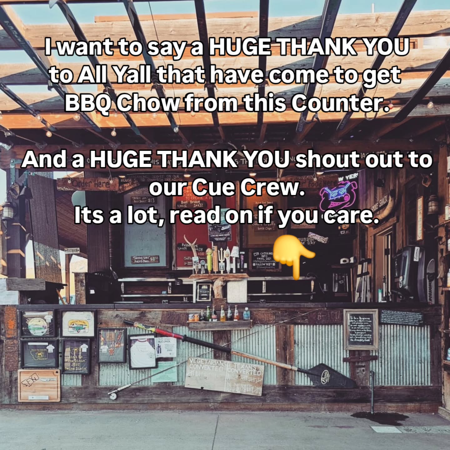Thank Yall so damn much for coming to eat this BBQ Chow, It couldnt happen without the professionals working here. Thats the only word I can describe everyone here. Pros. Its amazes me to see the staff of 10+ years to 2 months absolutely crushing every aspect of this place.
👇
I've had so many people stop me this year to tell me how awesome the crew is around here. So, here's a little something from the inside. Starting with Tyler, our GM of Operations, keeping everything in stock and organized like 1000# pork orders to keeping up everything going out the door. To Sheena, our Catering Director managing 5 to 6 offsite jobs a week with sometimes 3 in one night. To John, Joe, and Jake running the pits early AF, throughout the day and into the night all while getting the meats off perfectly, managing the large Togo orders and running the BBQ Shack inhouse. To Dick and Stacy running the smokewagon in Gardiner doing it all down there! To Ned, our most tenured who always dedicates so much. To Chris "The Sausage Guy" prepping 100's of briskets and ribs, grinding sausage, jerky and everything all while happily singing to (he thinks) himself. To Shellie, the Bean King running the meat counter and keeping all the sides stocked even if its another 25 gallons of beans for friday because we went through 20 on Thursday. To Natasha and Shelbe from our @wildflourbakerymt baking 1000+ buns a week. To Alex, Candi and Sophie crushing anything and everything thats need when they come in. To Townes, prolly the coolest teenager ive ever met - happily eeping the dish pit in line 2 years running, to Patricia sending a big smiling Howdy Yall to all yall, Liz, Dustin diving in with so much culinary and hospitality experience bringing some fun inew menu ideas from New Orleans that we will be bringing out later this Summer. To Anthony, Greg with past experience running restaurant kitchens and banquets to Aaliyah and Dylan with the great hospitality background coming to our counter. There the road crew Kelsey, Audree, Brian, Sophie, Jenny, keeping the offsite private and public operations rolling. I cant say thank you enough to these folks making this wild BBQ Operation rolling
#thankyou