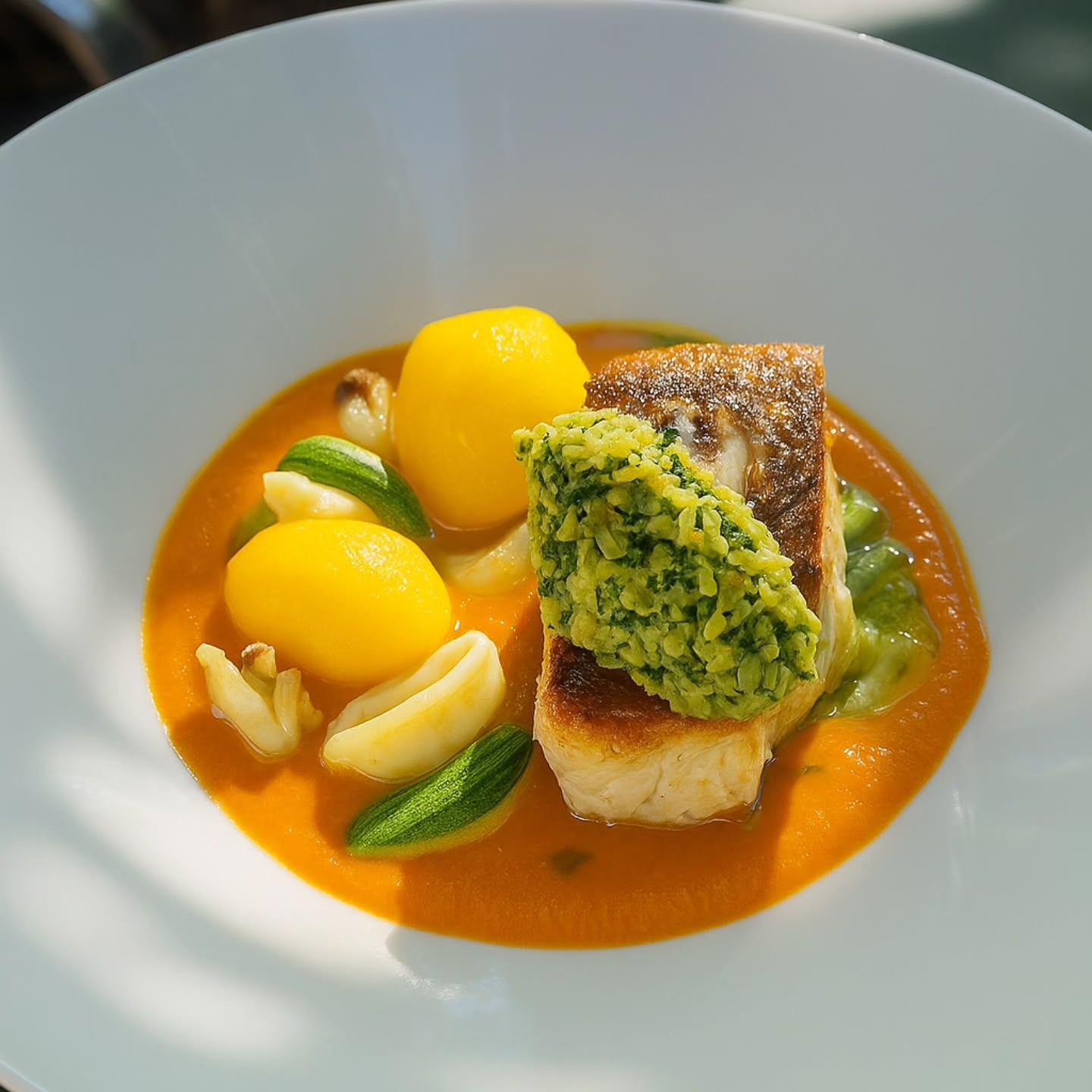 Red snapper market fish of the day, smoked pepper sauce, baby squid, green olive gremolata