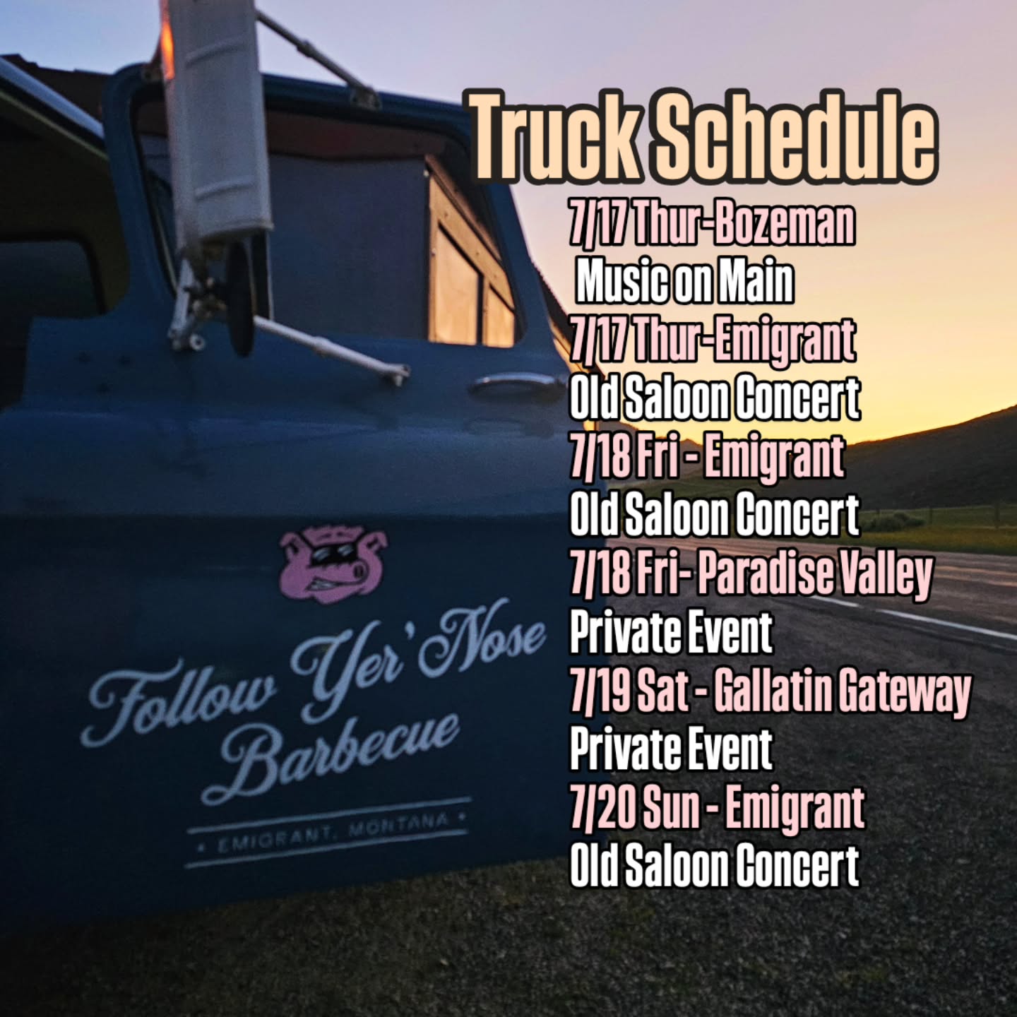 Find yoself a truck, find yoself some BBQ. You might even find yoself at a party that has a truck with BBQ.
🤣
👇Also👇
Paradise Valley Shack is rollin' normal hours.
11:30-8:00 Thur - Mon
Gardiner Smokewagon is rolling normal Hours
11:00-8:00 Fri - Mon
🤘
#montana #foodtruck #barbecue #classictruck