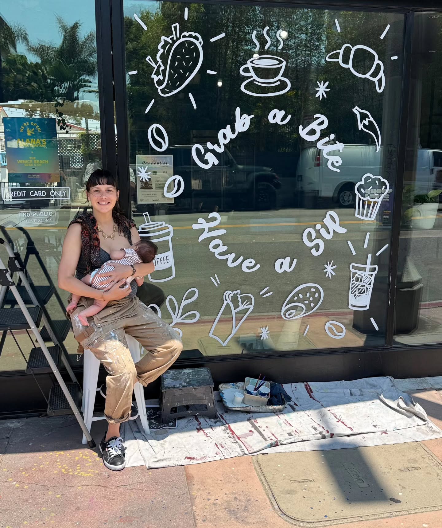 First gig since I gave birth 6 weeks ago at @alanascoffee and @thevbgrabandgo 's new location located on 2524 Pacific ave in Venice Beach . Go check them out, Grab abite and have a sip! #windowart #alanascoffee #chalavie #multitasking #mvgrabandgo #signs #venicebeach