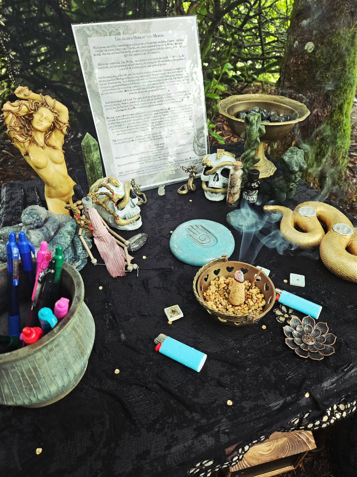 Our Medusa altar this year was tucked away this year to offer sanctuary from the elements. Though I fear that meant it was hidden too well.
If you missed your opportunity to leave offerings for Medusa with us this year fear not for there are still ways you can be a part of this by either joining us again this Fall Equinox for our Releasing of Medusa Event September 20th. Or you can DM and we will send you an address to mail letters, blessings, prayers, and offerings for the altar.
#medusa #altar #offerings #snakeenergy #transformation #goddessenergy