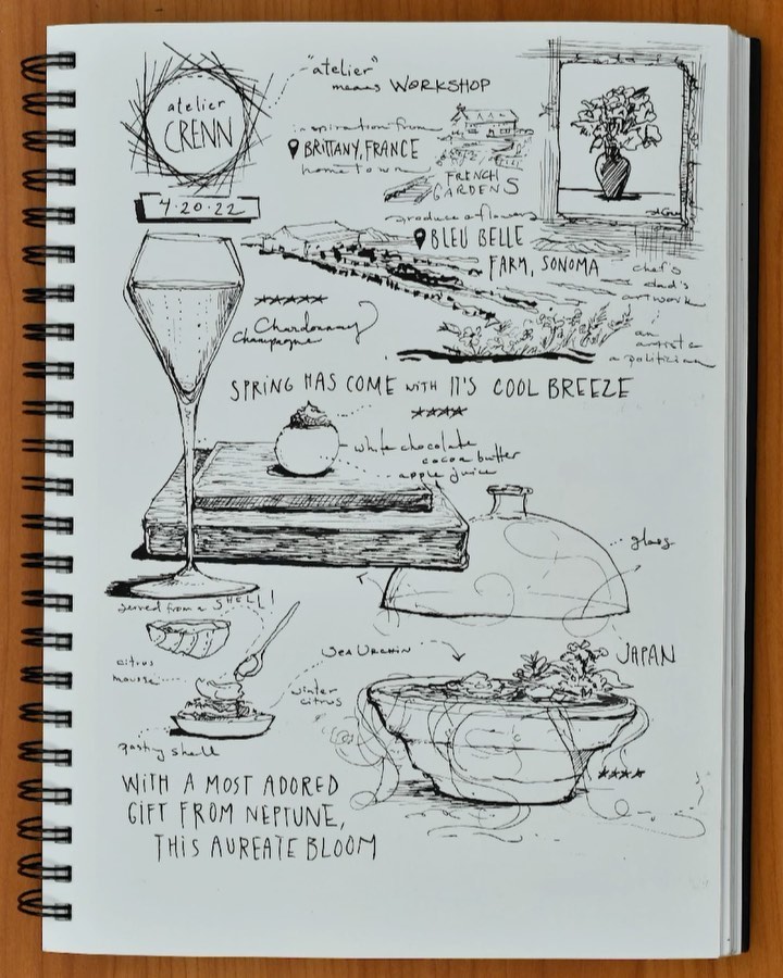 The true peak of the #willdrawfordinner series. These are some notes from a once in a lifetime meal at @atelier.crenn.
@dominiquecrenn I am so grateful for the opportunity to have collaborated on some art together and to continually experience the joy and confidence and artistmind genius that radiates from you 🙏 you are #incrennible ✨💛🦄
#visualnotes #foodart #foodillustration #illusration #recipeillustration