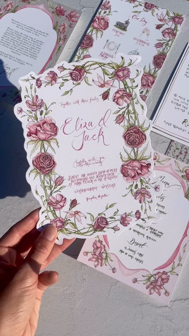All this pink with the custom die cut border just hits differently. Love this suite 🌸💕🌺🌷
This is from the semi custom collection, and comes with your choice of custom painting (your venue, crest, pets, map or anything else!)
Pink lovers it’s time to make yourselves known 💌💒
#pink #pinkwedding #pinkflowers #handpainted #wedding #weddingstationery #weddinginvitations #diecut #diecutting #customweddinginvitations #handlettered #watercolor #watercolorflowers #roses #peonies