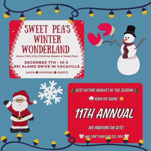 I’ll be at Sweet Pea’s Winter Wonderland Market in Vacaville on Saturday from 10am-3pm.
891 Alamo Drive in Vacaville
Hope to see you there!!!!!
🎄🎄🎄🎄🎄🎄🎄🎄🎄🎄🎄🎄