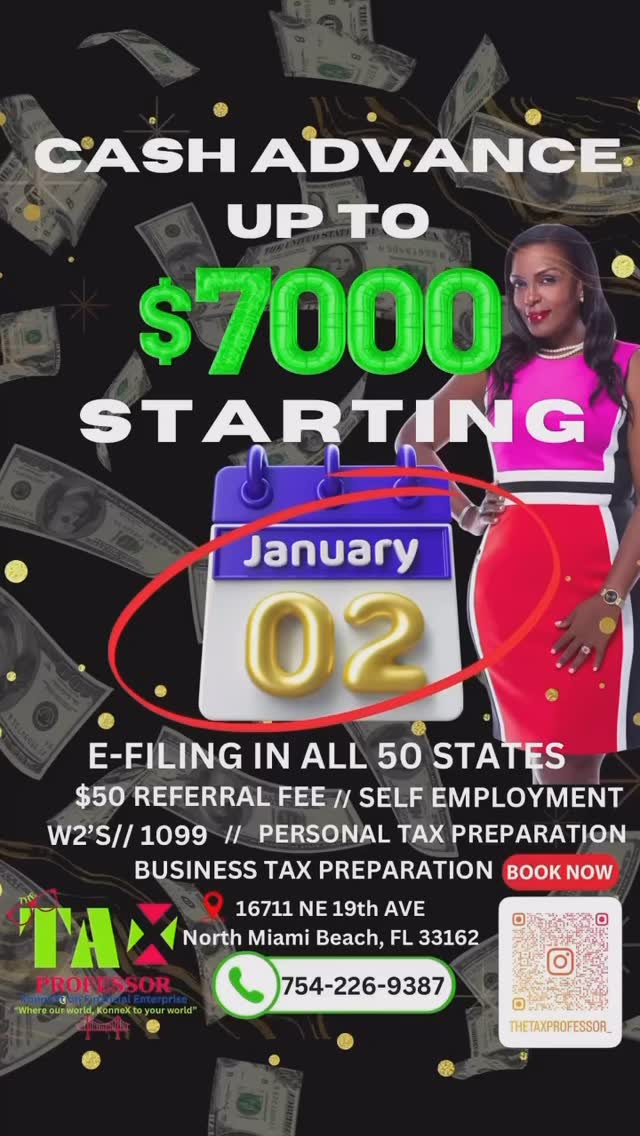 🚨 REFUND TAX CASH ADVANCES STARTING JAN 2! 🚨
💸 Need your funds FAST? Get access to your refund in as little as 24 hours!
📅 Book your appointment now to secure your spot and get your money sooner.
✅ Quick.
✅ Reliable.
✅ Stress-Free.
📩 DM us or click the link in bio to schedule today!
#TaxSeason #RefundAdvance #FastCash #BookNow #bibikonnextion #thetaxprofessor #konnextionbbp #tooblesstobestress #womeninbusiness #savagebeauty #haitianqueens #gemhomeownersservices💎 #realestate #cashbuyers #buyhouses #realestateinvestor #flippinghouses