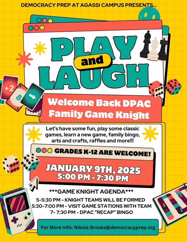Join us this Thursday January 9th for our Annual Welcome Back DPAC Family Game Knight!!!! All the fun starts at 5:00 pm and ends at 7:30 pm!!! Blue Knight Teams will be formed from 5-5:30!!! There will be raffles, games, arts and crafts and more!!! It’s a New Year and I hope to see you here!!!