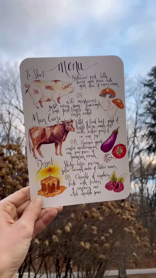 Illustrated menus are always one of my favourite requests 🎨✨ This menu from Olivia & Oliver’s wedding day in 2023 is still holding a spot in my heart, with its combination of watercolour and ink illustrated ingredients and quirky contemporary hand lettering 🌿🐄🐖
#menu #illustratedmenu #weddingdetails #watercolorwedding #weddingstationery #weddingmenu