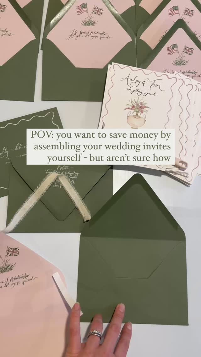 How to assemble the perfect envelope liner: 💌✨
1. Double check the fit of the liners you have printed (especially if you have gotten your liners and envelopes from different places - not all liners fit all envelopes, even if it says they’re for that type of envelope!) The liners and envelopes I supply will be a perfect fit - but if you’re getting your stationery elsewhere, I recommend ordering samples so you can double check.
2. Then work out where you want them to match up, if you want the edge of the paper to follow the glue line, or if you are going to set yourself another guide point. I’m using the glue line in this video
3. Add two pieces of double sided tape, or run a glue tape runner along the triangle edges (you can buy these in most office supply/stationery stores like staples, or online on Amazon. They’re not all as good as each other so let me know if you’d like a link to ones I like).
4. Carefully insert the liner, centre the point and match the paper up. Be careful not to let it stick until you have lined it up perfectly. If you’re worried about this, you could use removable/temporary adhesive tape instead of permanent, as then you’d be able to lift it off and try again if needed
5. Apply pressure along the adhesive
6. Close the envelope flap and use a bone fold (paper folder) to stroke along the edge. This will make sure you have a sharp fold and your envelope sits flat. Some people prefer to score their envelope liners first, and then match them up by the fold lines inside the envelope, but I find this can give bulky and less consistent results.
7. There you have it! The perfect liner. 🥳🍾 Now to just repeat that 100 times…!
#envelopeart #envelopeliner #howto #weddinginvites #weddingstationery #2025bride