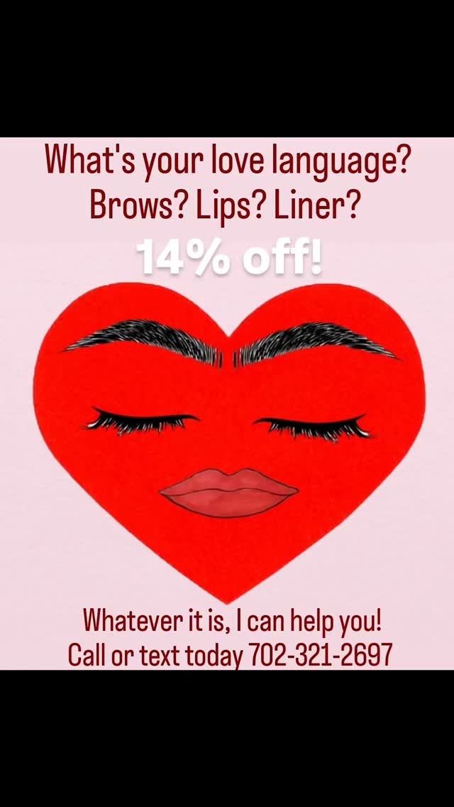 What is your love language? Brows? Lips? Eyeliner?
From now until the end of February 14% off any new service!
Drop the hint to your Valentine because gift certificates are also available for purchase! Summer will be here before we know it & who doesn't want waterproof, sweat proof, smudge proof & kiss proof makeup ππ
Mention this post to receive the discount & call or text today 702-321-2697!
#lasvegasmicroblading #lasvegaseyebrows #lasvegaspmu #lvmua #lasvegaslashes #lasvegashairstylist #lipblushinglv #lveyeliner #lvtattoo #lvlips #lasvegaslipblushing #lvlipblushing #lasvegasbeauty #lasvegasmakeup #cedarcitylashes #cedarcitypmu #cedarcitymicroblading #southernutahmicroblading #southernutahpmu #utahpmu #utahmicroblading #utaheyebrowtattoo #envyussalon #bodyspasalon #audrey.elaine.artistry #lasvegasmoms #lvmoms #lasvegas #vegas #fyp