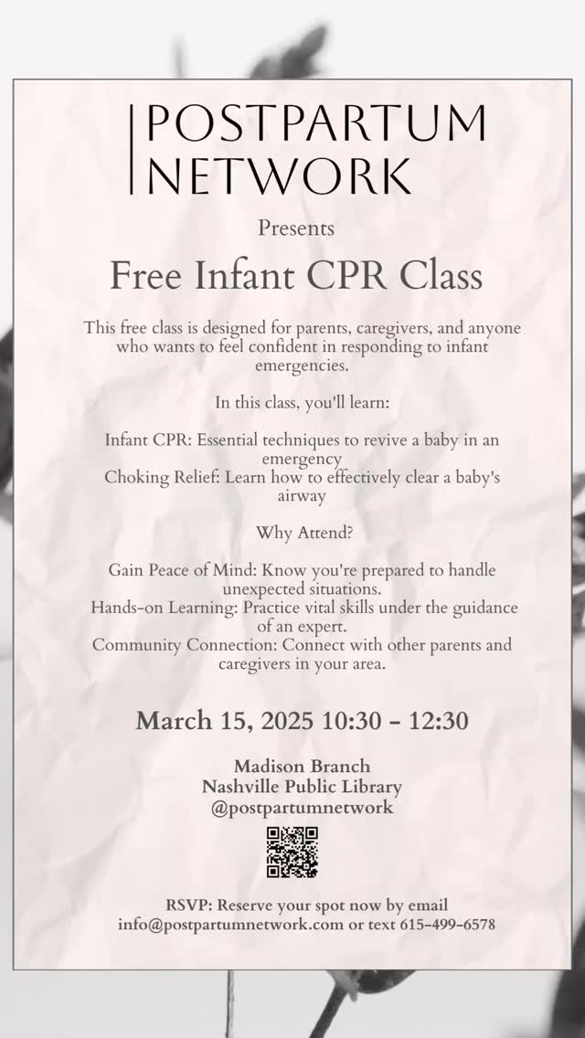 @postpartumnetwork Our class has reached full capacity! 🙏🏽
In the meantime, we also offer a private, in-home Infant and Child CPR + Choking course for up to 6 individuals. You can invite friends, family, or other caregivers who may be looking after your little one to join the class. If you’re interested or would like to learn more, please visit our website at www.postpartumnetwork.com/services. All the details are listed under the Services tab!
#postpartumnetwork #nashville #nashvillemom #nashvilleparents #freeparenteducation #cpr #choking #nurse #baby #infant