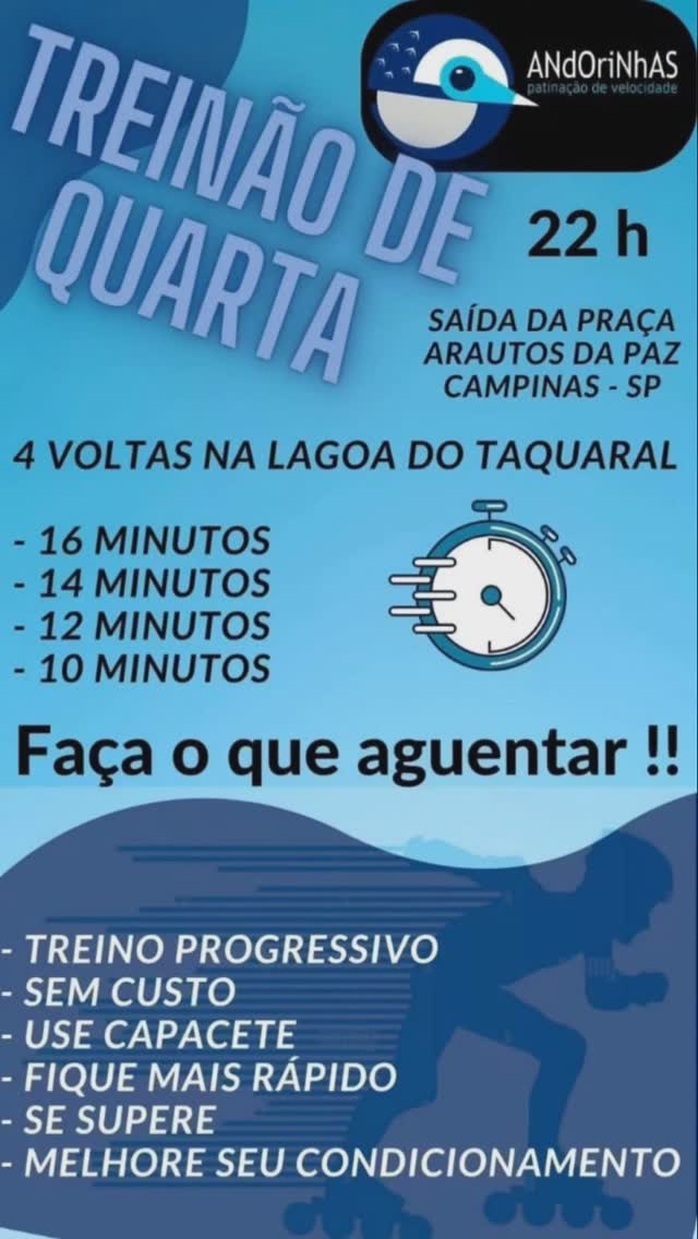 Todas as quartas feiras, exceto se a chuva impedir.
Novo na patinação de velocidade? Algumas regras essenciais:
1. Para a segurança de todos, é obrigatório andar em pelotão;
2. Não há pausas. Se você ficar cansado, não se preocupe, te ajudaremos (inclusive te empurrando)! Mas a pausa só acontecerá se for realmente necessário (tonturas, falta de ar, etc);
3. Avalie com cuidado sua disposição e suas habilidades antes de realizar cada volta. Lembre-se de que elas ficam cada vez mais difíceis, e precisamos respeitar a minutagem para conseguirmos concluir o treino até 00h;
4. Não pode frear em T! A velocidade do pelotão é controlada pela pessoa que está à frente (pode confiar na gente!);
5. As voltas 1 e 2 são de nível intermediário; as 3 e 4, de nível avançado.
Alguma dúvida? Chama na DM ou chegue uns minutinhos mais cedo, ficaremos contentes em esclarecê-las :)
