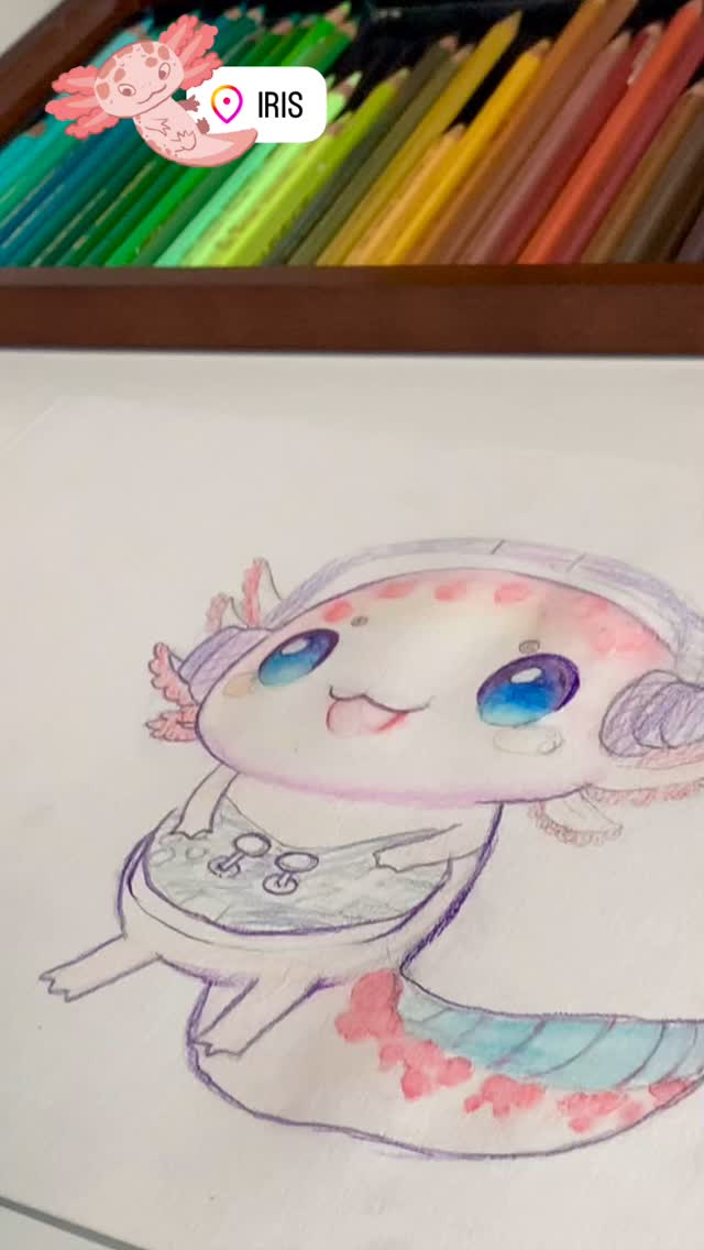 Un dessin de Iraya (7ans) aux crayons aquarellables Caran D’ache Supracolorsoft et aux crayons permanent Caran D’Ache Pablo. #carandache #carandachesupracolorsoft #carandachepablo #supracolorsoft #supracolor #dessinmanga #coursdedessinlausanne #coursdedessin #dessinenfant #crayonaquarellable #axolotl #cuteaxolotl #axolotlreel #kawai #chibi #chibiart #kawaidrawing