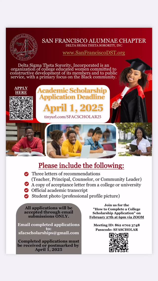 San Francisco Alumnae Chapter is proud to announce our 2025 Academic Scholarship!
To access the application please visit
🔗tinyurl.com/SFACSCHOLAR25
Applications must be submitted by April 1, 2025 to sfacscholarships@gmail.com. ONLY email submissions will be accepted.
