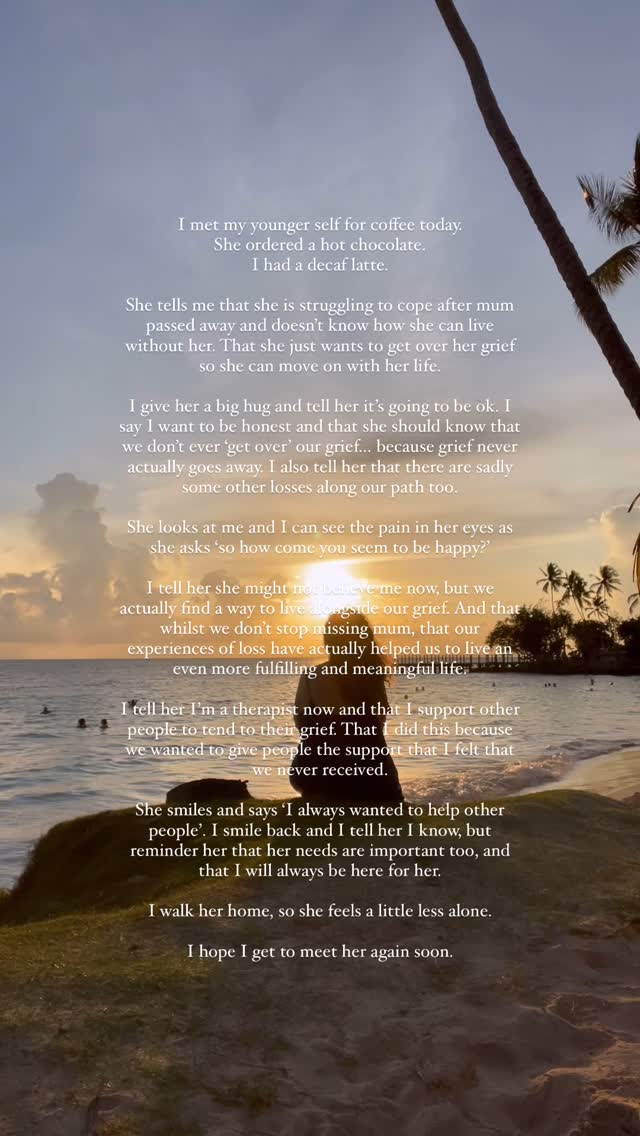 I adore this trend of meeting your younger self for coffee. I’ve loved reading all of the different posts, so here is my version.
We often work with our inner child or younger self in therapy. Writing or speaking to them, to tell them what we feel they needed to hear, or to give them the love and support they needed. This can be such a powerful healing exercise to do.
I wonder, what would you say to your younger self over coffee?
Inspired by the original beautiful poem by @jennaececelia 💛
#metmyyoungerselfforcoffee #youngerself #coffeewithmyyoungerself #griefjourney #griefsupport #griefandloss #grieftherapy #griefhealing #griefwork #grieftending #motherloss