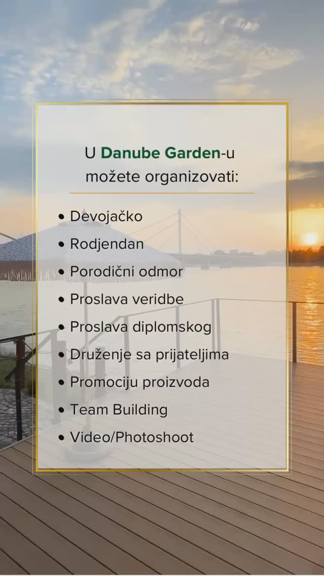 Planirate proslavu? Kako Vam zvuči kuća na Dunavu sa najlepšim pogledom u gradu?
Danube Garden je savršeno mesto za Vaš poseban dan!
Rezervišite ODMAH i pretvorite svaki trenutak u magičnu uspomenu.