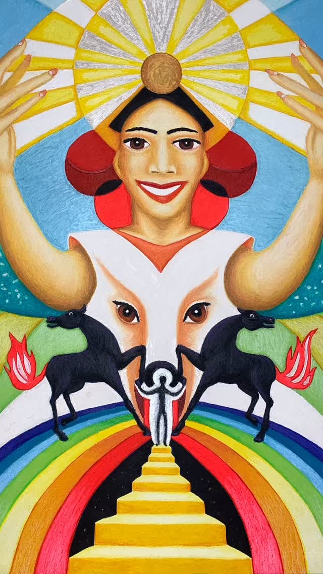 SHINE is a radiant exclamation—a call to embrace life with full enthusiasm and light. The central figure, a smiling female, stands with arms wide open, holding sparkling energy that flows from her crown, symbolizing the power of joy and illumination. The upper part of her dress forms the face of a white wolf, a spiritual warrior guiding those who seek truth, individuality, and self-reliance. Enthusiasm makes one stand out, attracting energy and inspiring others. The lower part of her dress transforms into a rainbow, representing spiritual balance, harmony, and the magic of possibility. Beneath the rainbow bridge, a bright stairway ascends to an empty figure filled with blinking stars, symbolizing the limitless potential of the soul. Flanking this celestial being, two black horses with fiery tails stand as symbols of untamed strength, passion, and determination, urging us to harness our raw energy and move forward with purpose.
#shine #enthusiasm #exitement #spark #soulart #oraclecards #inspirationalcards #believeinyourself #believe #art #tarot #carddeck #visualization#affirmations #inspiration #motivation #energy