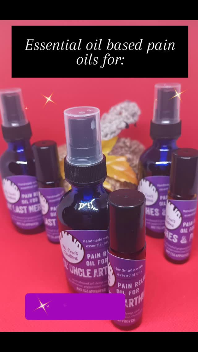 Handmade essential oil based pain oils specifically designed to help reduce pain caused by arthritis, nerve and muscle aches and pains 💜
#mscecescreations #essentialoilsforpain #essentialoils #painreliefoil #painoil #handmadeproducts