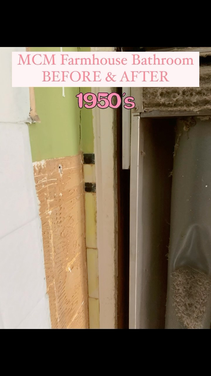 Here is phase one of the MCM farmhouse’s “Enid bathroom.” Her living quarters consisted of a modest 2 bedroom, 1 bath set up in the northern wing of the farmhouse and dang, that gal loved her some lime green! After removing the chandelier for rewiring in her master bedroom, we discovered the original ceiling paint color was lime green as well as the original green bathroom ‘50s Bakelite wall tiles (most of which were sadly missing/damaged).
I was given one request by Hubs, which was to keep the original vanity and countertop. The original countertop mystery material is likely a composite of some sort, but definitely something this Designer has ever seen before!
The original bathtub was in rough shape but worthy of salvaging, so it and the original sink were reglazed in a jadeite color. Reglazing isn’t something I’d recommend unless necessary (it can be fragile and susceptible to chipping), but it served us well for this application. Believe it or not, colourful vintage bathroom sets are hard to come by these days! I contemplated hard on redoing everything in the lime colour, but just didn’t love it with the blues in the countertop. After much contemplation I justified the jadeite color since it was one of the home’s original 1950’s colours, found on the swimming pool change room millwork. 🏊♀️
Travis and my dad clad the walls in 1x6 fir and I ordered a custom patterned mosaic floor tile. Both of these finishes will be repeated as we continue on to Enid’s sister’s living quarters in phase two.
The icing on the cake was styling the bathroom with lots of vintage goodies: framed needlework/cross stitch, antique linens and apothecary jars, hobnail milk glass, and a garbage can from England over 100 yrs old. Not a fancy bathroom by any means, but a collected, cozy space with all the basics that suit this throwback ‘50s house.
Should I have taken the lime green plunge instead of the jadeite? Let me know your thoughts!
#beforeandafter #interiordesign #bathroomrenovation #farmtwo53 #mcm #midcenturymodern #vintagestyle #bathroomdesign #farmhouse #1950s