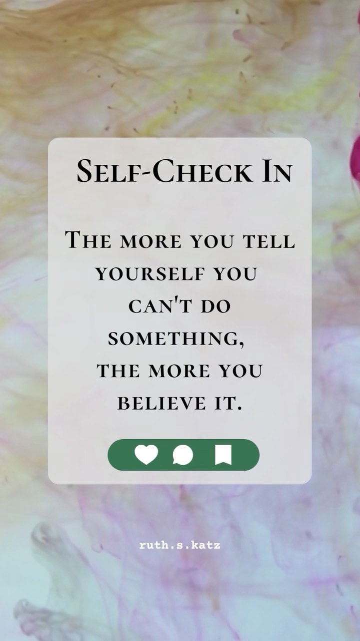 There's a reason they call it a self-fulfilling prophecy.
The more you tell yourself you can't do something, the more you believe it. But what if there was another way?
What if the only thing stopping you from accomplishing one or all of those things on your list is yourself?
This week, try telling yourself a different story.
A story of a time when you did achieve something you were after.
Tell that story every time that limiting belief comes up — and feel your mindset shift.
Ruth (@ruth.s.katz)
.#changeyourmindsetchangeyourlife #changeyourthoughts #changeyourmind #tellyourstory #changeyourself #changeyourperspective #changeyourthinking #changeyourmindsetchangeyourstory #yourlifeyourstory #yourpassionyourstory #yourownstory #yourlifestory #ownyourlife #acknowledge #futureself #personalgrowthanddevelopment #growthroughit #courageovercomfort #valued #askforhelpwhenyouneedit #claimyourpower #betternotbitter #painintopower #self_worth