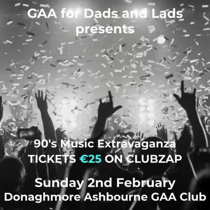 🎉 Get Ready for the Ultimate 90s Music Night! 🎉
Join us for Rock, Rave and Cheese 🎶🧀, a 90s music extravaganza, in aid of the G4DAL Football Team!
🗓 When? Sunday, 2nd February
📍 Where? Donaghmore Ashbourne GAA Club
💥 €25 per ticket (Limited availability!)
🎟 Grab yours on Clubzap before they’re gone!
🍻 Celebrate the end of Dry January in style and kick off the St. Brigids Bank Holiday weekend with an epic night of 90s tunes, dancing, and retro vibes! 🎤💃🕺
And don’t forget to dress up in your best 90s fashion – the more retro, the better! 🕶
Let’s make it a night to remember, all for a great cause! 🙌
Tickets available at following link. Link will expire when tickets sold out.
https://donashgaa.clubzap.com/products/23628/purchases/new