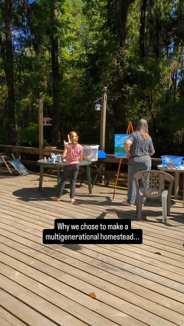 My parents moved in with us last year. Not because they strictly needed to... but because earlier that year we'd moved across the state for work, and intentionally sought a property there where we could invite my parents to join us. We wanted to be near them as they age, and for our kids to have their grandparents in their daily lives. My parents wanted to be near the grandkids, too, so after several months of frequent visits, they took the plunge and accepted our invitation, sold their home and moved in with us.
Is it always easy every moment? No--for us or them! But it's growing ALL of us, and we're learning how beautiful a big household really can be. We're still working on building my parents an in-law apartment off the carport so they can have a bit more privacy, but until then, they're just living in the house with us, in their own bedroom.
Would I have imagined this life, a decade ago? Maybe not. But then, a decade ago, I also didn't have this beautiful property, this vision of a multigenerational homestead, this place and this time and this opportunity.
Some people have thought we're crazy to do this (us AND my parents, I mean), but... just look at this moment. My daughter and her grandmother, on a whim deciding to paint together on a lazy afternoon. This is a daily opportunity, along with lots of card games, movie nights, meals together nightly, and more. My dad spends a lot of his time working the property itself, and both of them help me with my garden.
Things are a lot busier around here, which explains why I haven't been writing as much! But I promise I still *am* writing, just at a slower pace. That seems to be the theme for this past year or so, even while life has been so very crazy and hectic and massively changing: To slow down. Notice. Be grateful.
This feels like a return to how life must've been once, before our society became so segmented and independent. Before everybody had their own lives and spaces and grandparents lived alone while they aged.
This is community of the most intimate kind. A shared home. Family. Life lived deeply together, by choice.
And it's really quite beautiful.
(Also, look at those paintings! 💖)