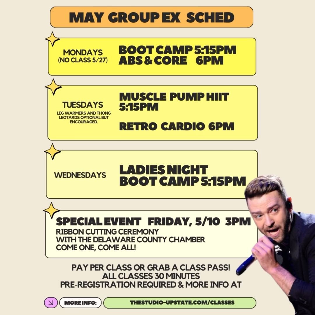 WILD that May is just around the corner and you know what that means...Justin Timberlake is about to come out of hibernation AND a new group exercise schedule! Grab a class pass with 8 classes on it (best value!), or pay as you go. Pre-registration required up to an hour before class starts. Summer we see you
🫣 🎉🙌💪🏻
#itsgonnabemay #groupexercise #thestudioupstate #isweatupstate #gym #spring #catskills #roxburyny #justintimberlake