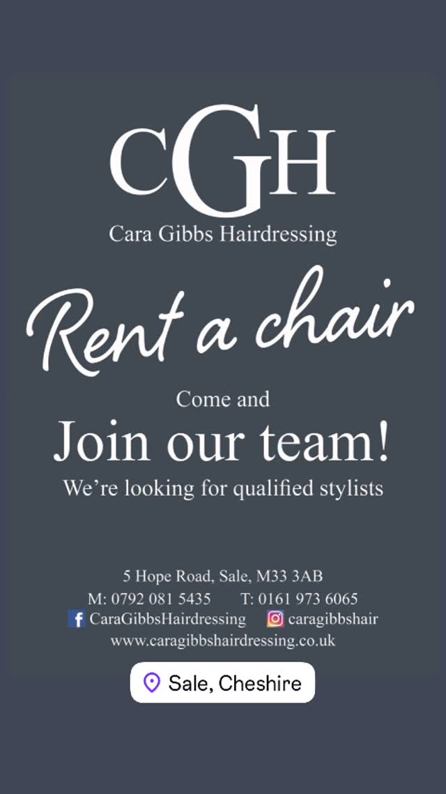 We are looking for both a self employed stylist and an apprentice to come and join our team
✅ Nice friendly team to work alongside
✅ Busy salon
✅ Relaxing work space
✅ Flexible days available for self employed stylist
✅ Full time available for an apprentice
✅ Two chairs to work from to accommodate more clients
✅ Assistant’s help available to rent a chair stylists
⭐️Come and grow your business with CGH
Day rate £100
Contact Cara on 07920815435
Caragibbs246@icloud.com
#caragibbshairdressing #saletowncentre #cheshiresalon #chairrentals #hair #hairdresser #hairstylist #quif #ghdpro #sashajuan #alanhoward #astonfincher