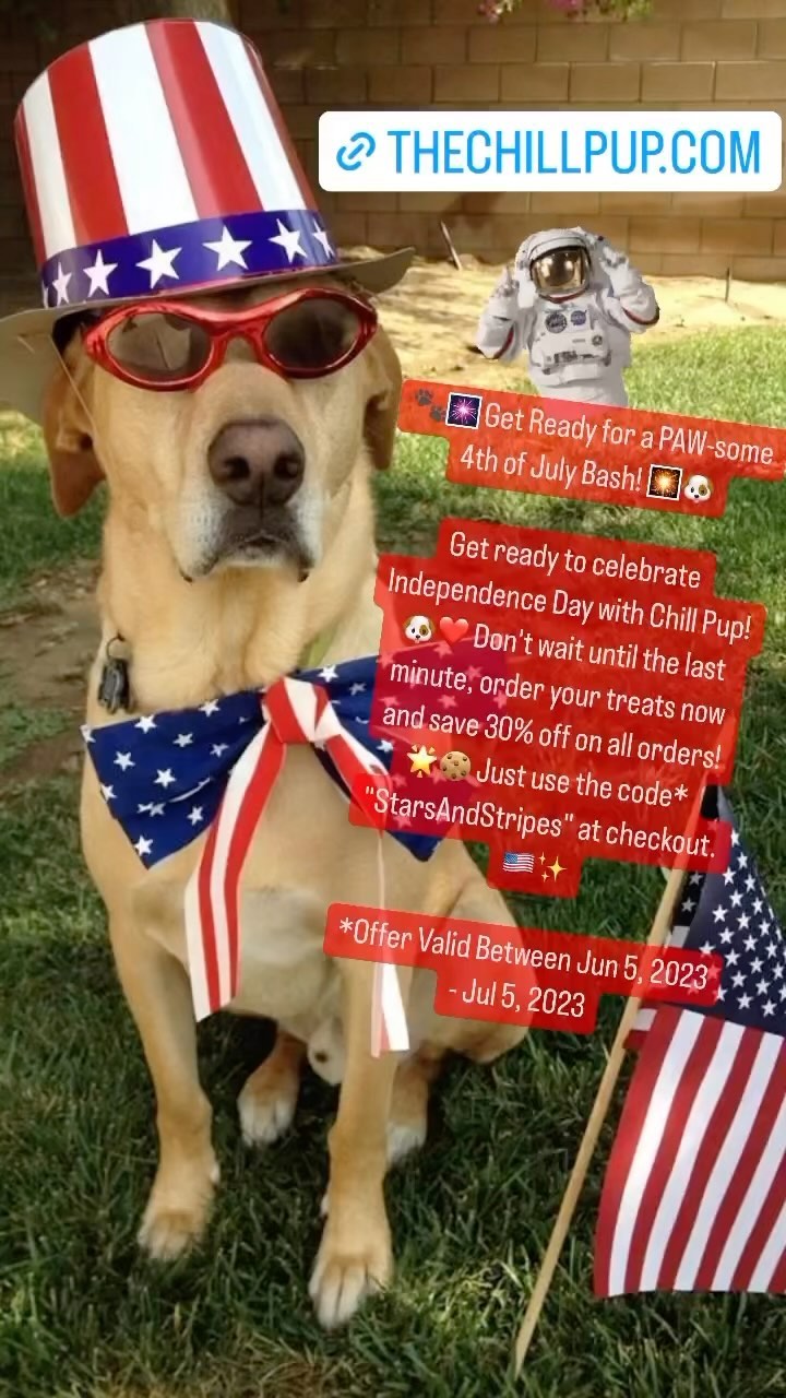 2 weeks ‘til the 4th of July
Make your red, white and CHILL plans now!❤️🐶
Don’t miss our special 4th of July discount. Use code STARSANDSTRIPS for 30% off your order. Happy 4th, everyone!🐾🐶
As we light up the sky with fireworks, let’s not forget our furry friends. Keep them calm and stress-free with Chill Pup CBD Treats and Crumble.
#independenceday #chillpupcd #happypups