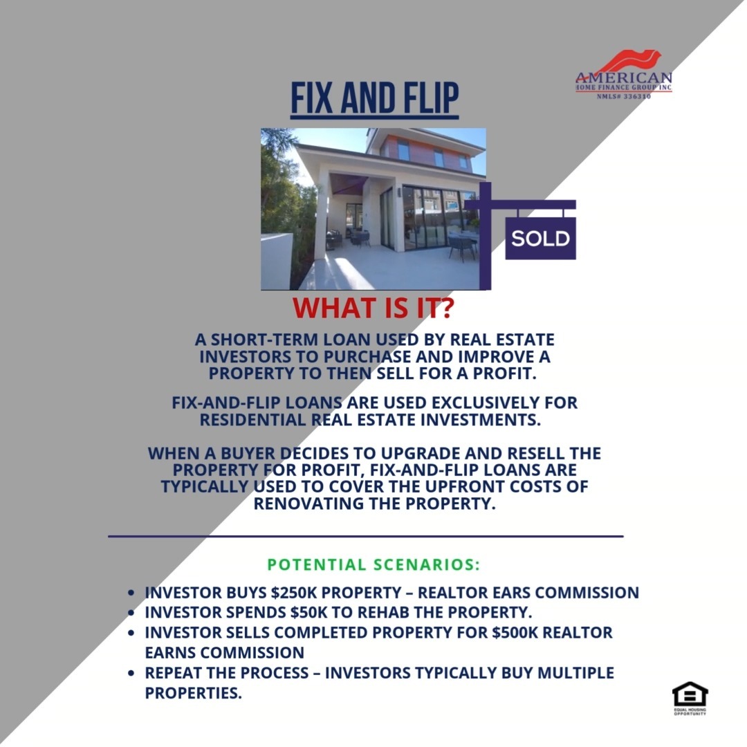 Fix and Flip: A short-term mortgage utilized by real estate investors to acquire and enhance a property for subsequent resale at a profit.
Fix-and-flip loans are exclusively designated for residential real estate ventures.
When an investor opts to upgrade and resell a property for financial gain, revamp-and-flip loans typically cover the initial expenses of renovating the property.
Possible Scenarios:
✔️ Investor purchases a $250K Property – Realtor earns commission
✔️ Investor invests $50K in rehabilitating the property.
✔️ Investor sells the refurbished property for $500K – Realtor Earns Commission
✔️ Repeat the process – investors often acquire multiple properties.
We're here to cater to your lending requirements.
🏠 American Home Finance Group Inc NMLS # 336310
📍 1315 N Dixie Highway, Lake Worth, FL 33460
📞 561-865-7488
🌐 Amhomefin.com
#americanhomefinancegroup #mortgageinflorida #mortgagebrothers #homeloans #homebuying #buyahouse #financing #homefinancing #homebuyer #mortgagerates #preapproval #lakeworthbeach #lakeworthhomes #lakeworthflorida #lakeworthfl #palmbeachisland #palmbeach #palmbeachfl #palmbeachflorida #palmbeachcounty #palmbeachlife #rentvsbuy #buildwealth #homeownership