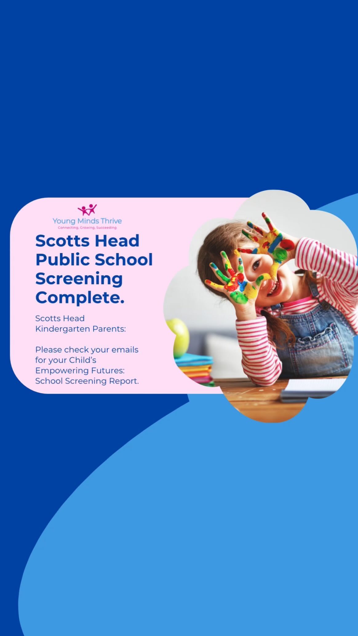 We want to say a ✨BIG THANK YOU ✨ to all of the staff and families at Scotts Head PS for being the second school in the Valley to participate in our Empowering Futures: School Screening Program, demonstrating their commitment to improving rates of childhood vulnerability and poor school readiness skills across the Nambucca Valley.
FOR PARENTS: We completed screening of all kindergarten children yesterday and all parent reports have been emailed to the nominated email addresses. If you haven’t received yours, please get in touch with us.
BACKGROUND: Our program is staffed by an experienced team of Health and Education professionals - a powerful team for improving childhood outcomes! 💪🏻💪🏻
Over the next 4 weeks, we will offer our program to over 120+ children attending kindergarten in the Nambucca Valley and surrounding schools- and while this is a great start, we would love to see to ALL Valley Schools participating so we can reduce the high rates of developmental vulnerability, collectively, as a community.
If you want to be a part of this initiative, here are the next steps:
SCHOOLS ➡️ reach out to us at LetsTalk@youngmindsthrive.com.au. We have just received funding to support local schools to access our program and have now contacted every school in the Nambucca Valley. We are just waiting on your call ☎️
PARENTS ➡️ Speak with your School Principal, class teacher, learning support or your P&C and request they sign up!
By supporting our young children and families today, we promote healthier and more prosperous communities tomorrow. Let’s improve school learning success together! ✨
Deb & Karyn
Young Minds Thrive
#childhealth #childearlyintervention #schoolscreening #empoweringfutures #socialchange #regionalkids #nambuccavalley #midnorthcoast #nswhealth #midnorthcoasthealth #departmentofeducation #nswdepartmentofeducation #nswdepartmentofhealth #scottshead