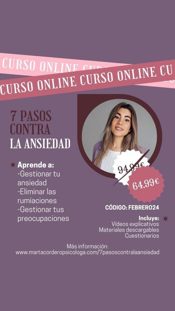 ¿Quieres saber más? 🤔
Este curso es para ti si:
- te cuesta gestionar tu ansiedad y manejar sus síntomas,
-tienes dificultad a la hora de frenar las preocupaciones,
-quieres aprender herramientas prácticas para manejar tu ansiedad
En resumen si quieres aprender qué hacer para preocuparte sin que la ansiedad controle tu vida.
Puedes acceder al curso a través de mi página web (enlace en mi bio).
Nos vemos en el curso 🥰
#cursoonline #cursopsicologia #técnicasansiedad #ansiedad #preocupaciones #pánico #herramientasansiedad #terapia #psicología #psicologo
