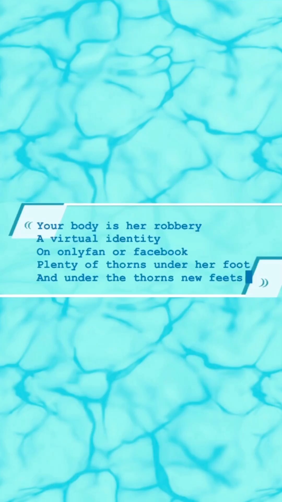 o l d i e $ B U T g o l d i e $
Votre corps est l’objet de sa rapine.
Son identité au virtuel.
Onlyfan ou par email.
Sous ses pieds, plein d’épines.
Sous ses épines, d’autres pieds.
⇧𝗩𝗙﹏𝗧𝗫 ≈ Guédalia Reyraud circa 2021 ﹏⇩𝗩𝗔
Your body is her robbery
A virtual identity
On onlyfan or facebook
Plenty of thorns under her foot
And under the thorns new feets
°_* - *_° - °_* *_°
#seapunk #poem #poetry #steampunk #webpoetry #wordsofwisdom #quote #retrogaming #pixel #pixelanimation #pixelquote #synthwaveart #dreamwave #intimidite #emotif #vaporwaveaesthetic #vaporwave #retrowave #retroanime #scifiart #graphicdesign #webpunk #90saesthetic #イラストレーション #illustrationart #illustrationartist #instaart #digitalart #artinstagram #artistoninstagram
