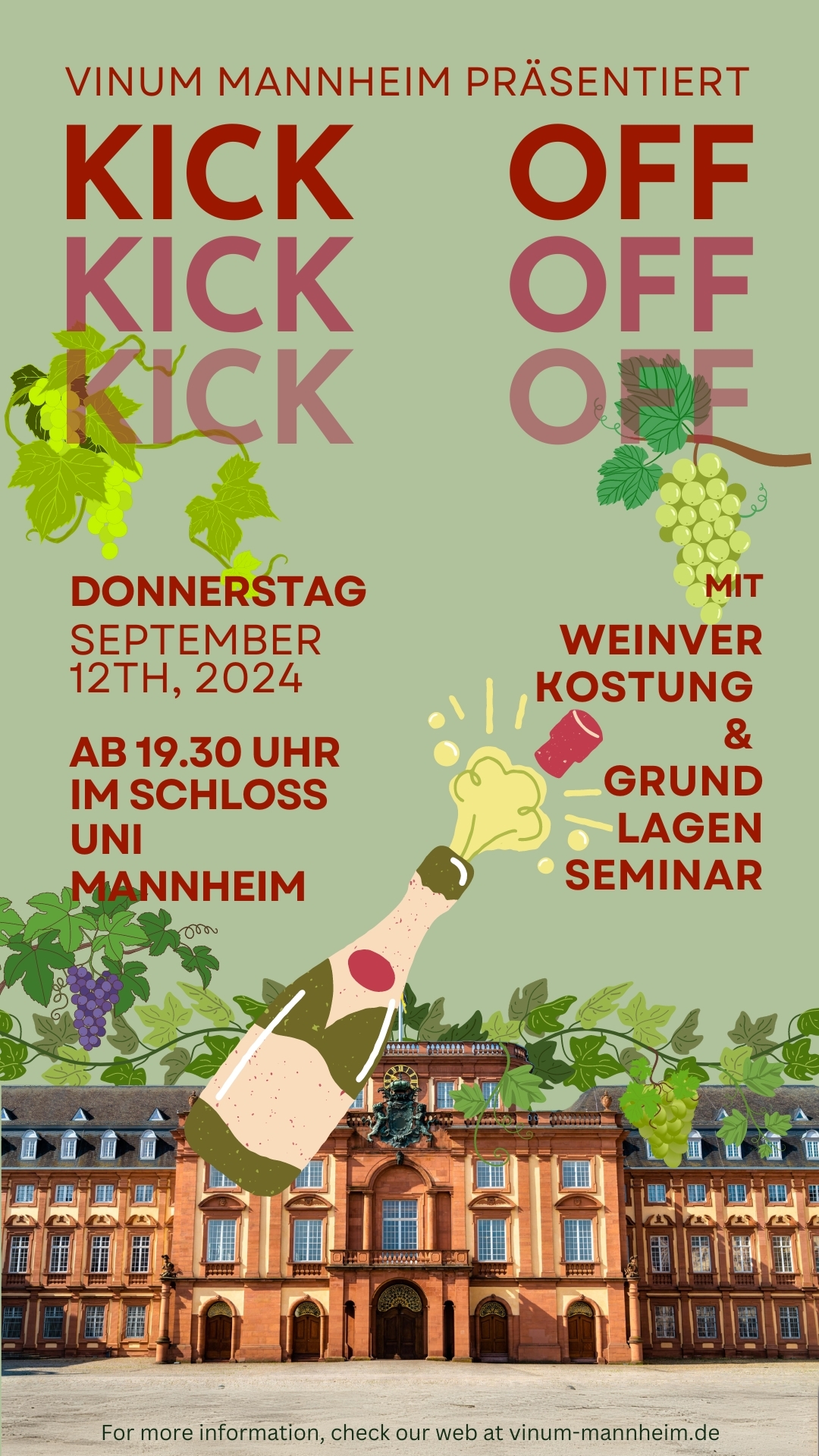 🍷 Kick-Off mit Weintasting-Grundlagen Seminar bei vinUM!🍷
Du liebst es, Wein zu trinken und studierst in Mannheim? Dann bist du bei vinUM genau richtig!
Am 12.09.2024 startet wir mit unserem Kick-Off und dem Weintasting-Grundlagenseminar ins neue Semester. Wenn du Lust hast, mehr über Wein zu lernen, bist du hier genau richtig. Wir verkosten gemeinsam ausgesuchte Weine und zeigen dir, wie du Aromen erkennst, Weine beurteilst und deinen Geschmackssinn trainierst – egal ob Anfänger oder Fortgeschrittener.
Unser Kick-Off ist der perfekte Einstieg, um in entspannter Atmosphäre mehr über die Welt des Weins zu erfahren und Teil unserer Wein-Community zu werden. Wir treffen uns alle zwei Wochen, um spannende Weine zu probieren und neue Kontakte zu knüpfen.
Haben wir dein Interesse geweckt? Melde dich schnell bis zum 09.09. an, denn die Plätze sind begrenzt! Los geht’s um 19:30 Uhr im Schloss der Uni Mannheim (genauer Raum nach Anmeldung).
Jetzt unter dem Link in der Bio anmelden
Wir freuen uns auf dich! 🍷
Wir freuen uns darauf, dich am Kick-Off oder einem anderen Event begrüßen zu dürfen.
BIs bald & Cheers!🍷
dein vinUM-Team
.
.
.
.
#wein #universitätmannheim #studenteninitiative #mannheim #unimannheim #unimannheiminitiativen #weintasting #kickoff