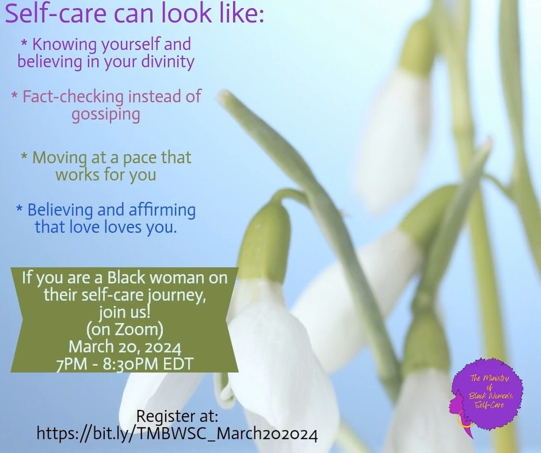 If you are a Black woman on their self-care journey, join us! Register at https://bit.ly/TMBWSC_March202024
#TMBWSC
#normalizeselfcareforblackwomen
#TheMinistryofBlackWomensSelfCare 👩🏾🦱👩🏿🦱👩🏽🦱