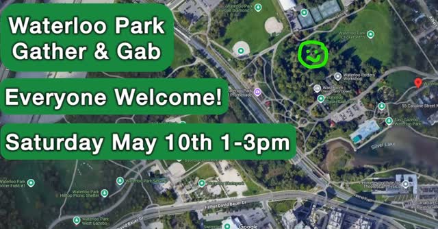 🌿 Gather & Gab – You’re Invited! ☀️
No agenda. No speeches. Just good people.
Join us in Waterloo Park on Saturday, May 10th from 1–3pm, in the sunshine.
Bring your own lawn chair, snacks, and conversations. Drop by when you can—stay as long as you like. All are welcome. Friends, family, neighbours. Come as you are!
See the map for “Smiley Face Marks the Spot”
Hope to see you there!