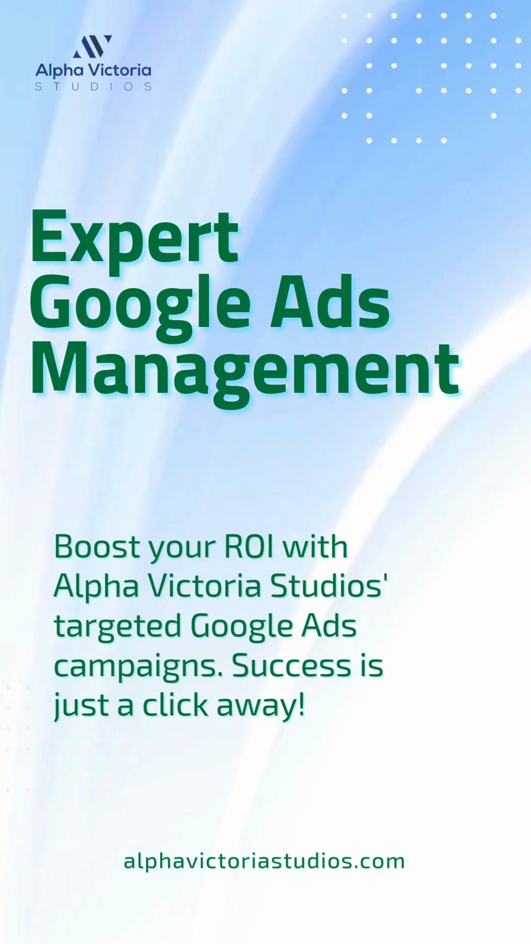 Expert Google Ads Management || Boost your ROI with Alpha Victoria Studios' targeted Google Ads campaigns. Success is just a click away!
Visit :- https://www.alphavictoriastudios.com/
#GoogleAds #DigitalMarketing #ROIBoost #OnlineAds #SEOExperts #MarketingSuccess #WebSolutions #GrowOnline #BusinessGrowth #WebAgency #DigitalMarketingAgency #SEOCompany #SearchEngineMarketing #AffordableSEO #GoogleAdExperts