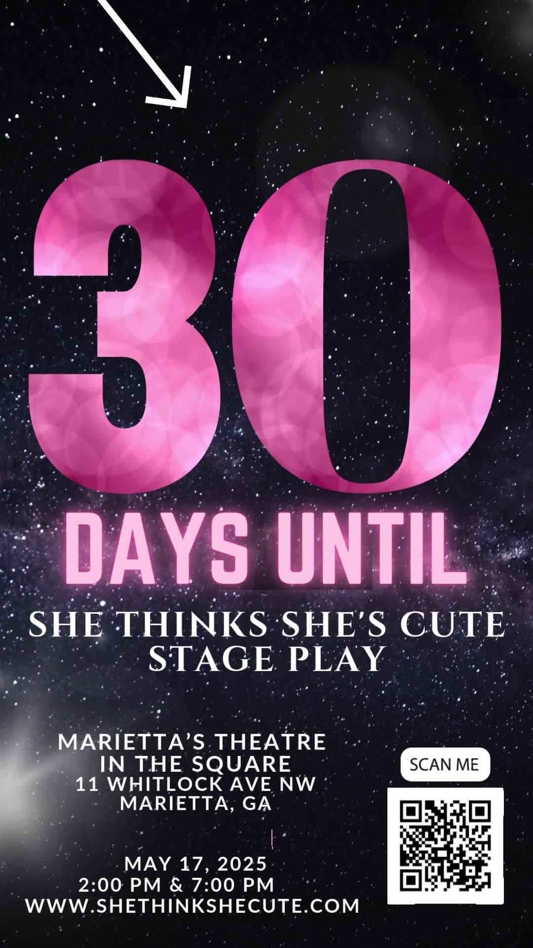 🎭✨ We’re just 30 days away from She Thinks She’s Cute hitting the stage! ✨🎭
On Saturday, May 17, 2025, prepare yourself for two captivating shows—2 PM and 7 PM—at Marietta’s New Theatre in the Square. This production is a perfect blend of comedy, drama, and unforgettable performances.
📅 Mark your calendars.
🎟️ Secure your tickets today (scan the QR Code or link in bio)
📍 Bring your friends and family for an incredible theatrical experience.
Let the countdown begin to an event that will leave you laughing, inspired, and wanting more! 💫
#SheThinksShesCute #LiveTheatre #CountdownIsOn