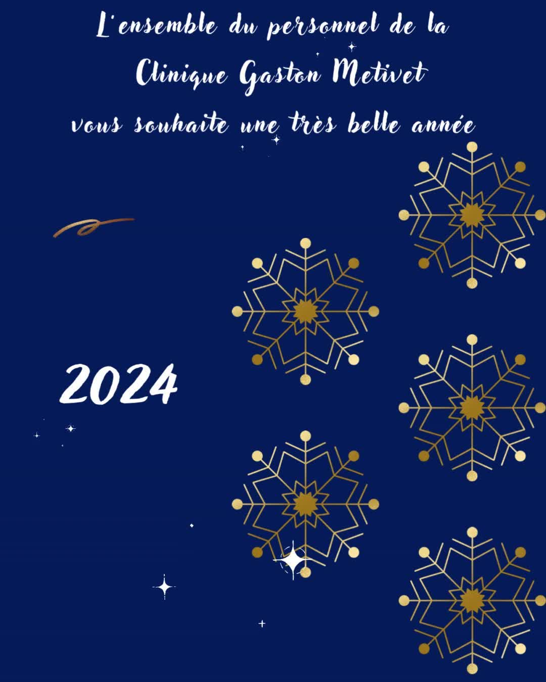 🌟✨ La clinique Gaston Metivet vous souhaite tous ses meilleurs vœux ! ✨🌟
En ce début d'année, toute l'équipe de la clinique Gaston Metivet tient à vous adresser ses vœux les plus chaleureux. Que cette nouvelle année soit synonyme de santé, de bonheur, et de prospérité pour chacun d'entre vous !
Nous avons été honorés de vous accompagner tout au long de l'année passée, et nous continuerons à vous fournir les meilleurs soins et services en 2024.
Nous serons à vos côtés pour vous soutenir dans vos démarches de santé et pour vous offrir le meilleur de nos compétences.
#MeilleursVœux #Santé #Bonheur #CliniqueGastonMetivet #NouvelleAnnée #saintmaurdesfosses
