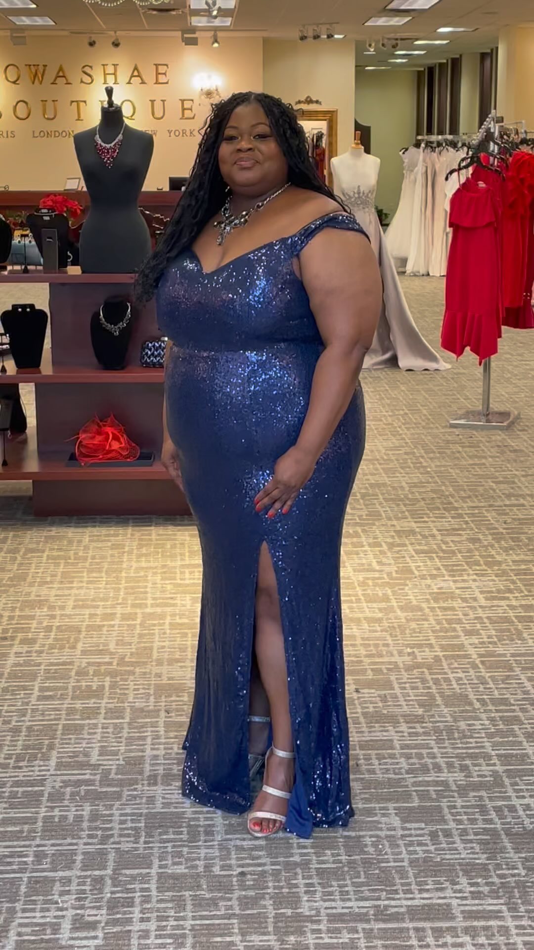 Hello Gorgeous! Got curves?….we got you! 😉 Our clients are so beautiful! Shop in stores and online link in bio! #blue#navy#gown#formal#dressup#plussizefashion#plussizemodel#lifestyle#glam#beauty#naturalhair#naturalhairstyles#blackgirlmagic#selfcare#fashion#shop#shopping#look#ootn#pearlandboutique#wearpearland#pearland