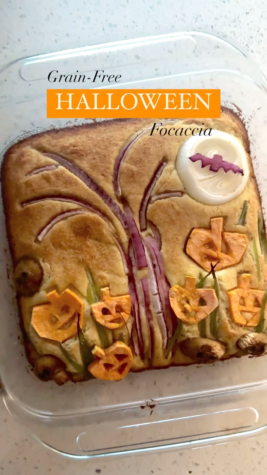 This was a fun treat to make for dinner! Trust me, my dinners are NOT this fancy every night. I enjoy art as a hobby, so this was fun! Feel free to leave off the veggies if you don’t have the time!
Grain-Free Halloween Focaccia:
Focaccia Ingredients:
-1/3 cup warm water (temperature as if you were giving a baby a bath. Too hot will kill the yeast)
-1 1/2 t. yeast
-1 egg
-2 egg whites
-2 T. raw honey
-1 1/2 t. avocado oil or olive oil
-1/2 t. apple cider vinegar
-1/4 t. salt
-1 1/2 c. almond flour, packed
-3/4 c. arrowroot flour, packed
Topping Ingredients:
-Olive oil
-Garlic powder
-Veggies cut into whatever Halloween shapes you’d like (I used sweet potatoes for the pumpkins, chives for the grass, red onion for the tree, mushrooms for the skeleton heads, red onion for the bat, & a sweet onion for the moon).
Directions:
1. Set the oven to 400°F.
2. Add the warm water & the yeast to a bowl. Let the yeast sit in the water for 2-3 minutes to make sure that it is rising/expanding.
3. Add the egg, egg whites, honey, oil, apple cider vinegar, salt, & whisk together.
4. Add flours & mix. The dough will not resemble typical dough since there is no gluten in it. It will look like pancake batter.
5. Spoon dough into a greased 8x8 baking dish.
6. Spread olive oil on top & sprinkle on garlic powder. Add desired veggie shapes.
7. Bake for 25-30 minutes or until golden brown on top! Enjoy! 🎃 👻