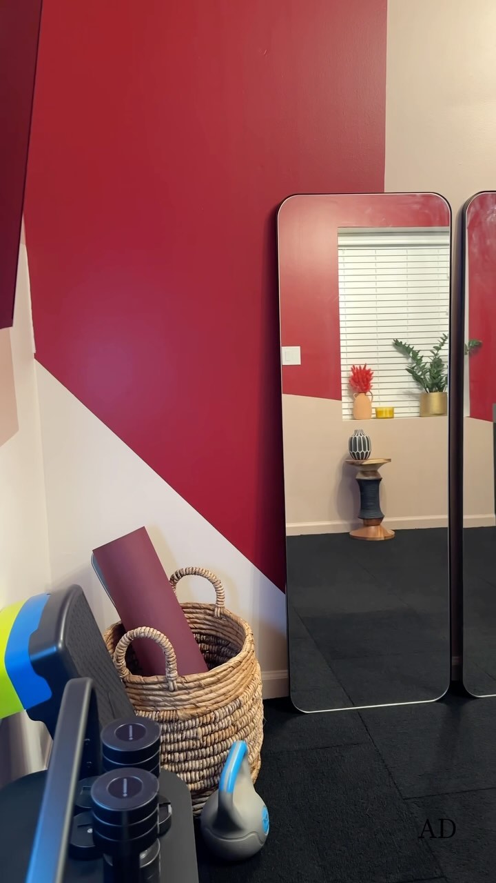 #AD I absolutely loved the finished result from this workout room makeover using colors from the @sherwinwilliams 2024 Colormix® Forecast, Anthology: Volume One! The Reds and Purples palette really inspired the color story for this room and the creative process for this project. I used Wild Currant SW 7583 and Sashay Sand SW 6051 as the primary colors along with Tricorn Black SW 6258, Peppercorn SW 7674, and Heron Plume SW 6070. @swdesignpros #SWColorLove