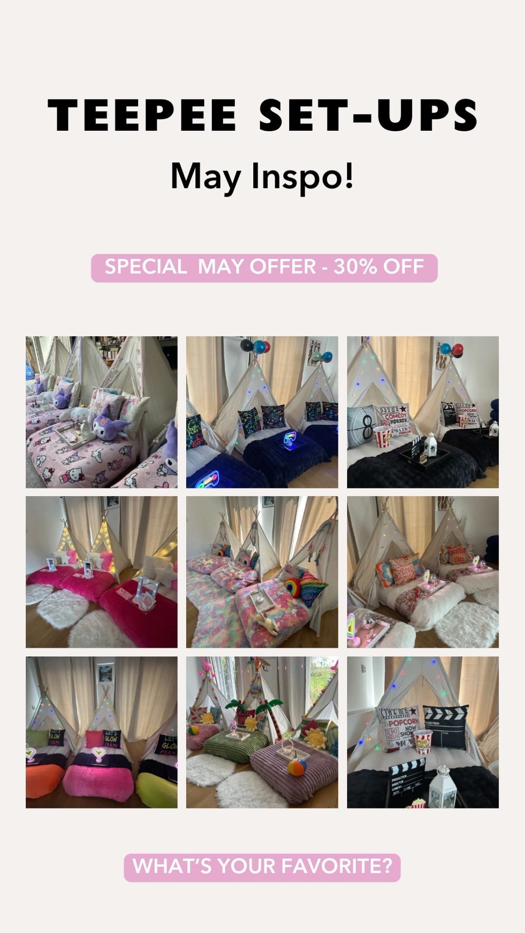 🌟 Create magical memories with Mini Munchkins! 🌟
Our cozy teepees are perfect for sleepovers, birthdays, and special celebrations. ✨
This May only: 30% OFF — book a dreamy setup for just €126,70! 🎉🏕️
Let's turn your little one’s party into an unforgettable adventure! 💖
📅 Limited spots available — reserve yours now!
#MiniMunchkins #TeepeeParty #SleepoverParty #KidsPartyIdeas #PartyRental #TeepeeSleepover #MiniAdventures