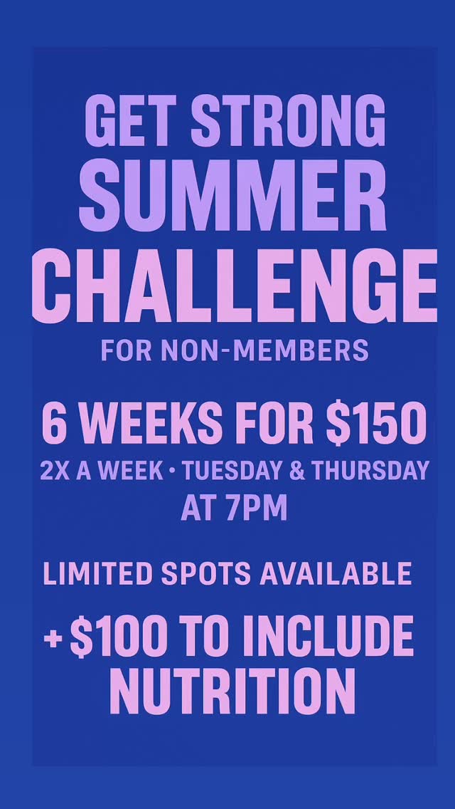 Let’s get strong, and become unstoppable this summer!!
Join our Get Strong Summer Challenge — 6 weeks of strength-building workouts, accountability, and fun!
Perfect for someone trying to get back into the gym.
Starts soon, JUNE 3rd!!
Only $150 — add personalized nutrition for $100 more.
Tuesdays & Thursdays at 7PM.
Spots are limited, so don’t wait!
DM us or sign up in person to claim your spot!