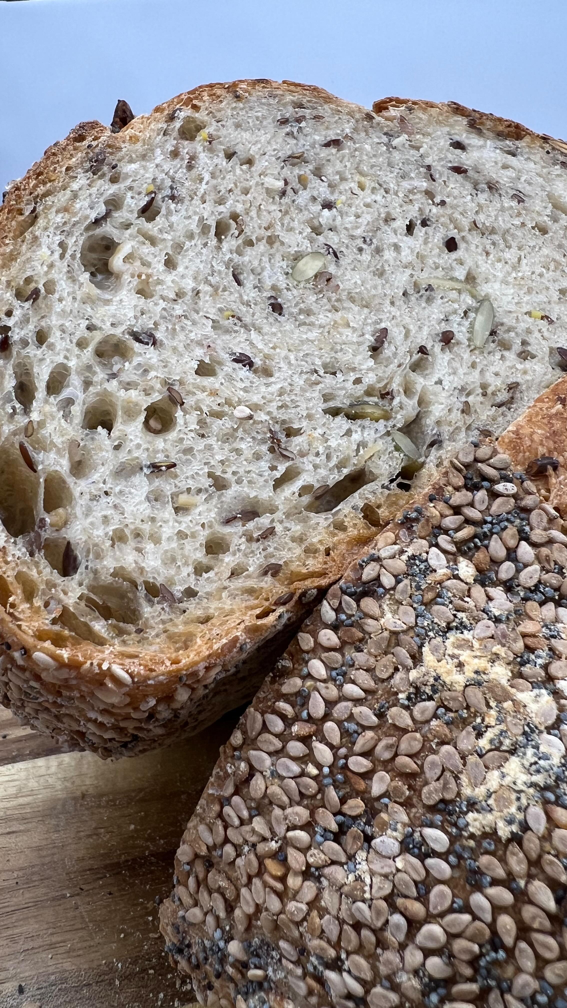Five seed sourdough crumb from yesterday. Happy with how it turned out!
#seededbread #seededsourdough #sourdough #bread #wholegrainbread #homemade @natashas_baking