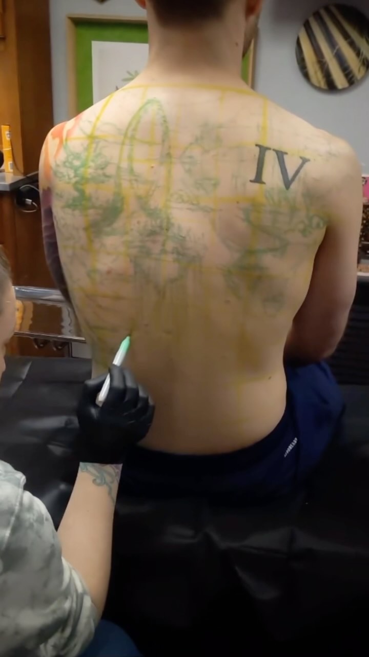 I can’t wait to get back in on @bjardinked ‘s backpiece/bodysuit. Although it takes a while to see the finished product, I love doing these larger than life fantasy scapes. Sometimes it’s hard to believe that people trust me to scribble on them with markers, and then actually go through the painstaking process of turning it into a finished tattoo.
I have the best clients for trusting me and my crazy process.