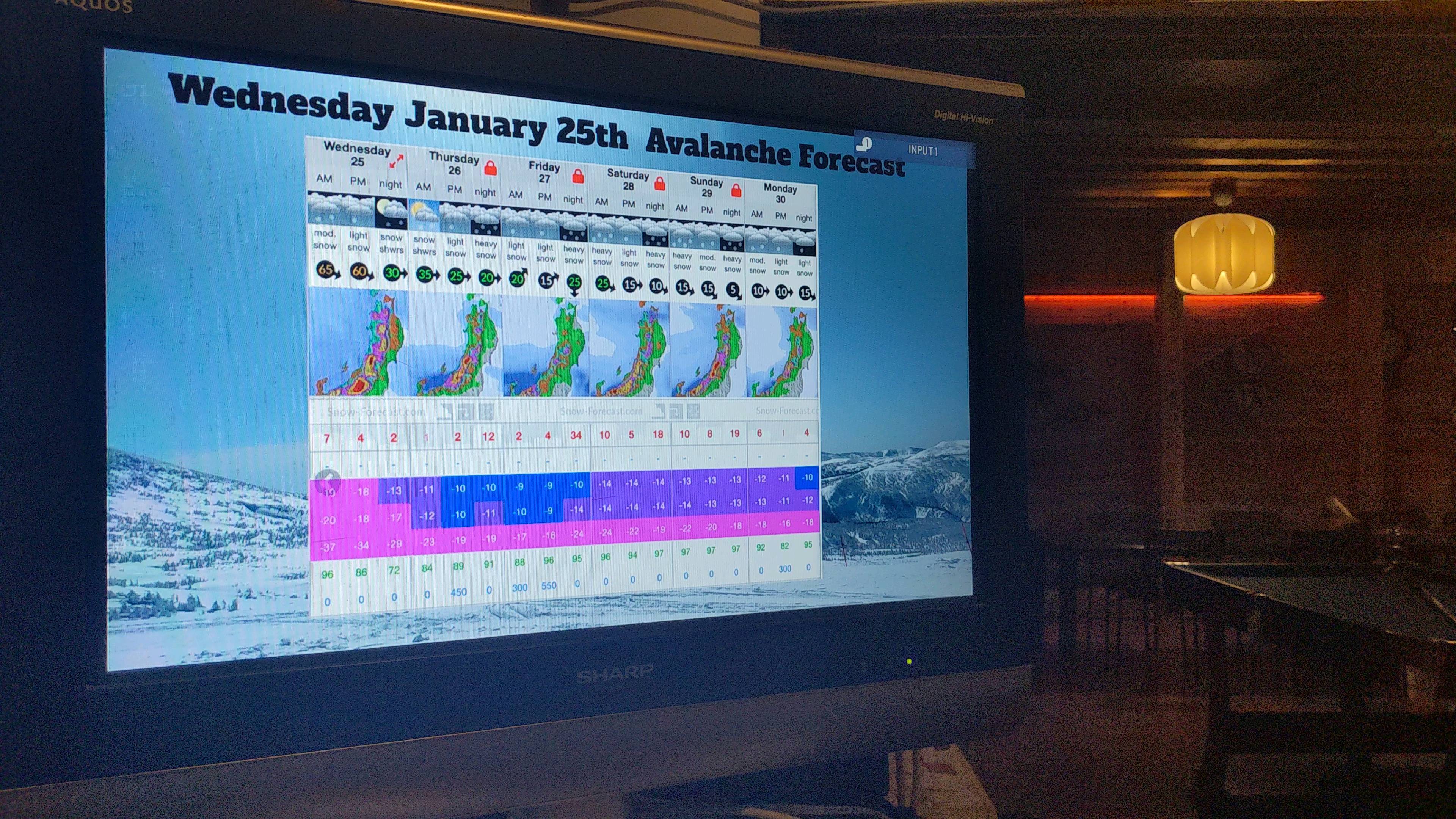A new feature for this year is daily avalanche forecast and resort recommendation by our in house guide and lodge owner ben. We promote the local JAN avalanche forecast and provide more specific current and future weather conditions which is a comprehensive list of resources Ben uses each day to make his terrain choices.
It's on our TV at the front desk which is the last thing you see before you put your boots on and walk to the resort!
(It's been sped up in this image)
We want you to get access to the best info so you can make the most of your stay while being safe 🙏
All bookings @gozanlodge.myoko include buffet, gourmet European breakfast, 3 course dinner and onsen pass to our neighboring naena onsen 🙏😋
Whether it's a guided day or choosing your own adventure, leverage our decade of experience riding the good stuff in the nagano/niigata region. 🤙
Get in contact via our site http://gozanlodge.jp or via DM
.
.
#gozanlodge #suginohara #sugi #akakura #ikenotaira #snowboarding #skiing #japanbackcountry #myokokogen #japow #sekionsen #splitboarding #nozawa #madarao #lottearai # #niseko #hakuba #nozawa #杉ノ原スキー場 #妙高 #妙高高原 #雪山 #スノーボード #バックカントリー