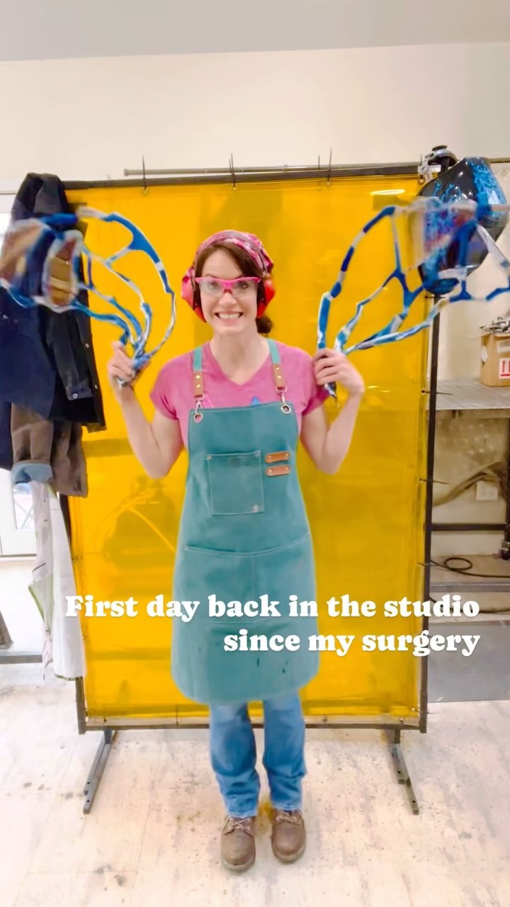 First day back in the studio since my surgery 3 weeks ago!
I had right hip torn labrum and hip impingement repair, and have been in a walker, crutches, and a machine that slowly lifts my leg up…and down…and up…and down…four hours a day.
It felt sooooo good to get back at it. I just wanted to dance…but tried to keep it upper body!
I did small muscle stuff—no welding or grinding. But I still overdid it and am in bed tonight quite sore.
But feeling so thankful for second chances. This Easter season, I’m glad I don’t have to be stuck with a detached and torn labrum, a mal-formed femoral head, all my weaknesses, wrong turns , and bad choices (ahem…orange patina all over that handbag!).
Feeling grateful that with some elbow grease in the Master’s hands I can be new again.
This sculpture will be in the @certainwomenartshow opening April 24th at @jkrgallery in Utah.
#certainwomenartshow #jkrgallery #sculptnouveau #blueismyfavoritecolor #workfrombed #aluminumsculpture