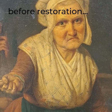 A painting by Jacques Louis Godineau (Godinau, 1811 - 1873) before and after restoration. #paneelschilderij #godinau #restoration #paintingsconservation #paintingconservationstudio #painting #varnish #varnishremoval #goldenbloom #goldenbloomrestoration #leidschendam #leidschendamvoorburg