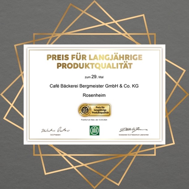 Wir sind stolz darauf, zum 29. mal von der DLG mit dem Preis für langjährige Produktqualität ausgezeichnet worden zu sein.
Vielen Dank an unsere Mitarbeitenden in Backstube und Konditorei dafür! 🙏
Die Unternehmensauszeichnung steht für konsequentes Qualitätsstreben und wird nur vergeben, wenn Lebensmittel mindestens fünf Jahre regelmäßig und erfolgreich von der DLG getestet wurden.
.
.
.
.
.
.
.
#dlg #preis #qulität #produktqualität #auszeichnung #produkttest #bäckereibergmeister #lecker #handwerk #handwerkskunst #genuss #rosenheim #kolbermoor #stephanskirchen #schloßberg #wasserburgaminn #wasserburg #neubeuern #badfeilnbach #feilnbach #rohrdorf #thansau #raubling