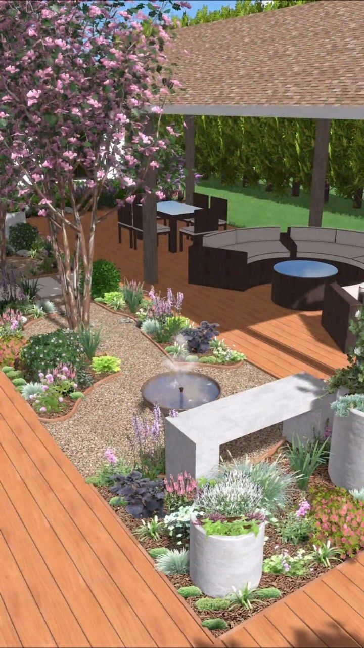 This client currently has a small pool in her backyard that she does not use and wants to fill it in. She gave me her ideas and asked me to take the concepts and run with them. Her main requests: mostly pink and white flowers, a water feature, shade trees, and access to the pavilion behind the space.
I proposed a stepping stone pathway directly in front of the most commonly used doors to provide a straight shot to the seating area beyond. I then positioned pink crape myrtles within an intersecting, playful, pea gravel pathway running from the west side to a water feature and bench at the east side. These pathways shaped the corten steel line beds which I designed a whimsical arrangement of perennials, annuals, herbs, grasses, and shrubs. I chose plants with different bloom seasons, contrasting leaf colors, and varied textures to provide an interesting and diverse arrangement. There are also planters at the corners to define the space and provide some scale along with the trees.
#landscapedesign #landscape #landscaping #landscapearchitecture #gardendesign #garden #herbgarden #design #landscapephotography #outdoorliving #gardening #nature #waterfeature #plants #landscaper #landscapedesigner #dishfountain #backyard #exteriordesign #patio #deck #seasonalgarden #remotelandscapedesigner #remotelandscapedesign #landscapearchitect #gardens #landscapeconstruction #gardeninspiration #flowers #outdoordesign